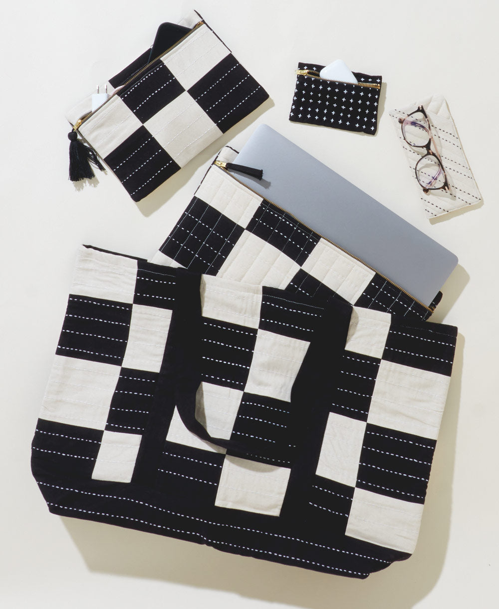 Checkered Canvas Tote Bag - Charcoal