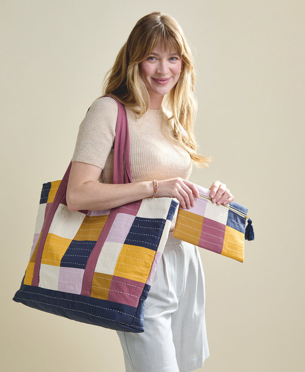 Checkered Canvas Tote Bag - Lilac
