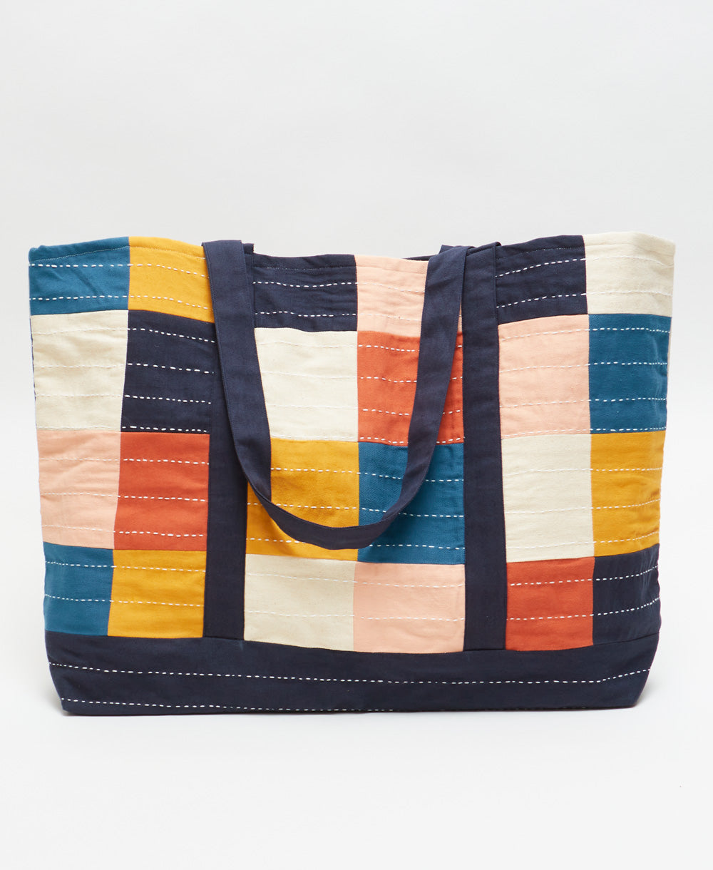 Checkered Canvas Tote Bag - Cobalt