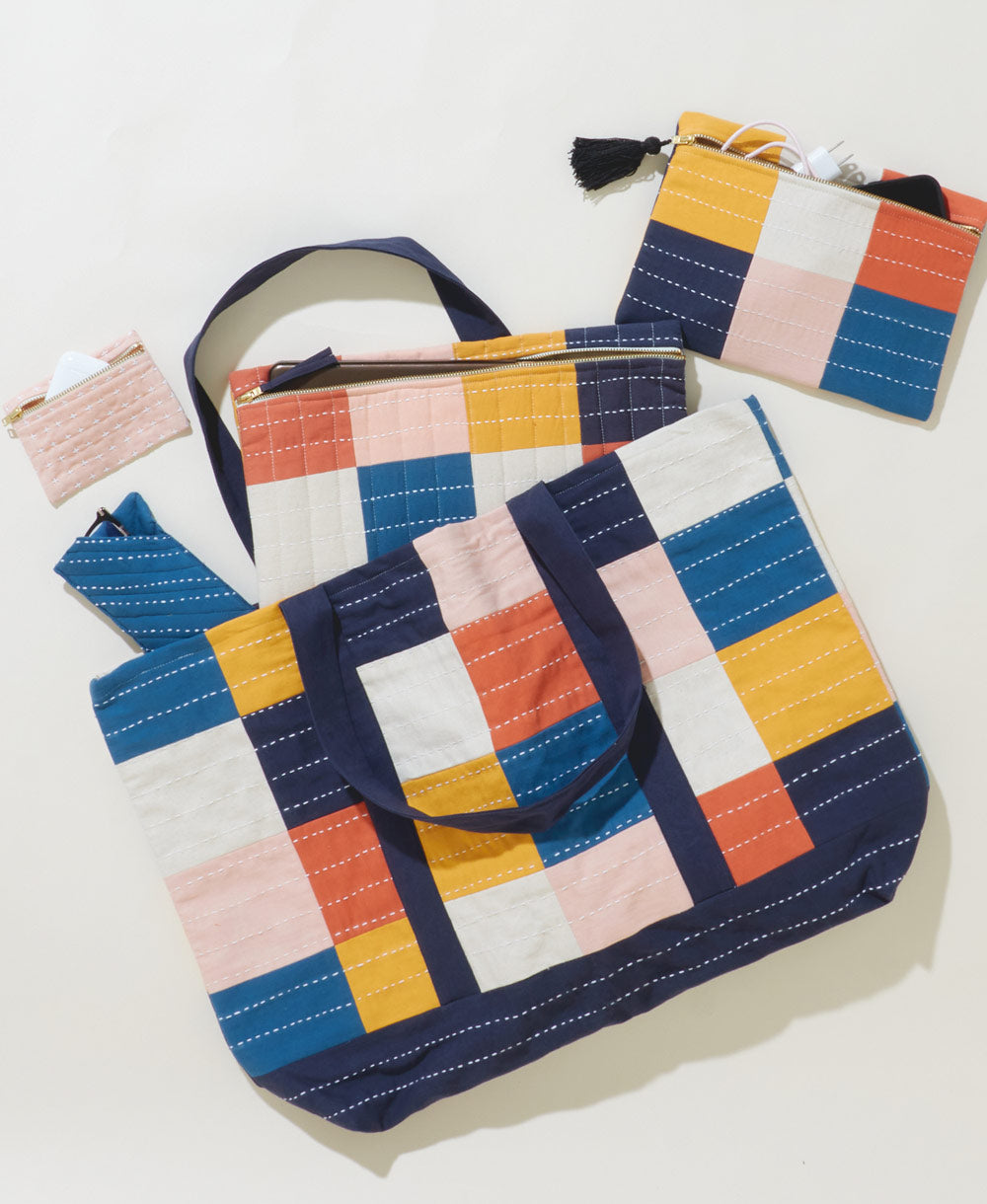 Checkered Canvas Tote Bag - Cobalt