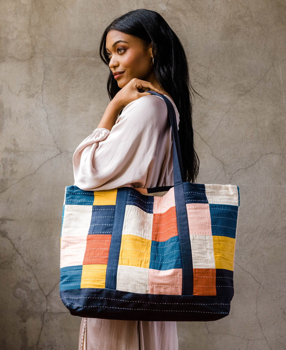 Checkered Canvas Tote Bag - Cobalt