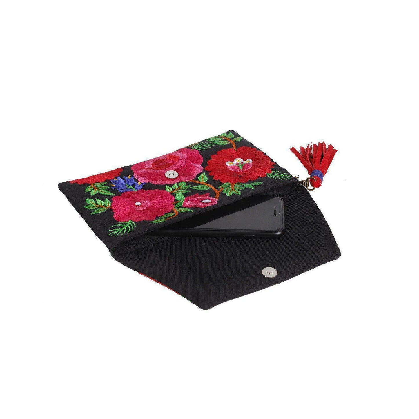 Fiesta Hmong Embroidered Leather Tassel Envelope Clutch Bag - Thailand