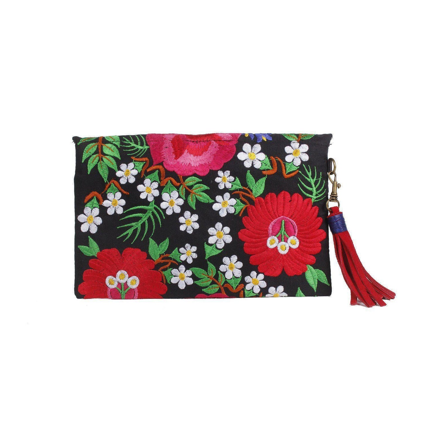 Fiesta Hmong Embroidered Leather Tassel Envelope Clutch Bag - Thailand