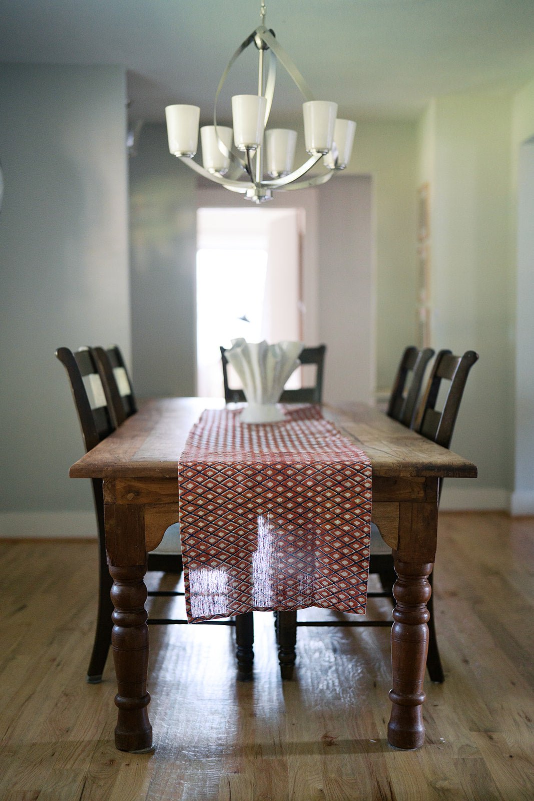 Hand Block Printed Table Runner (Flax Linen) - Ikat, Terracotta