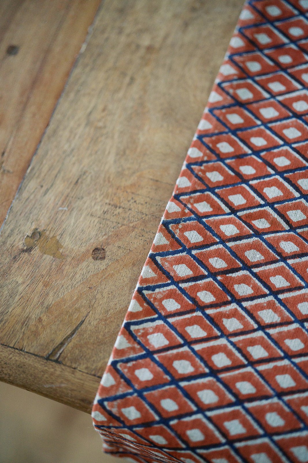 Hand Block Printed Table Runner (Flax Linen) - Ikat, Terracotta