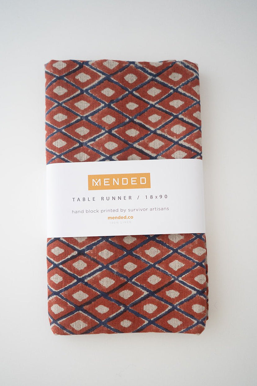 Hand Block Printed Table Runner (Flax Linen) - Ikat, Terracotta