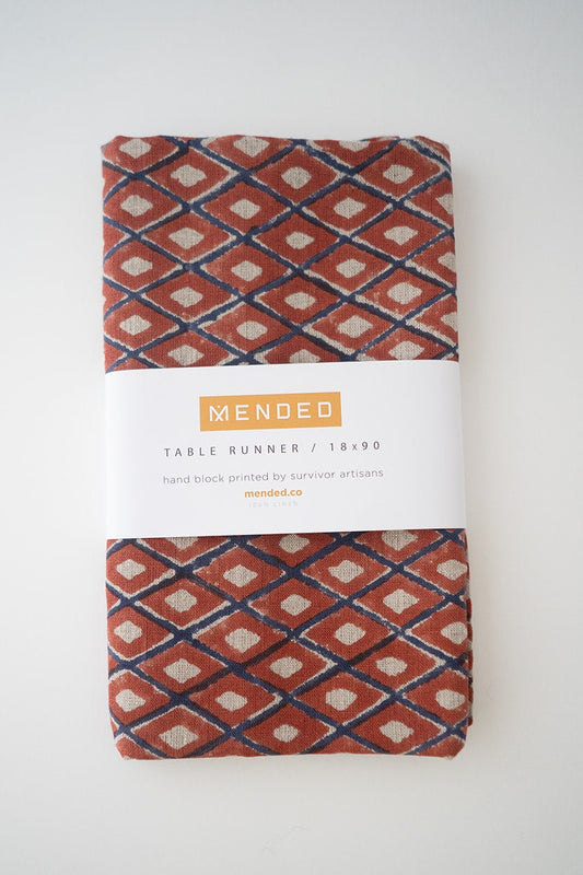 Hand Block Printed Table Runner (Flax Linen) - Ikat, Terracotta