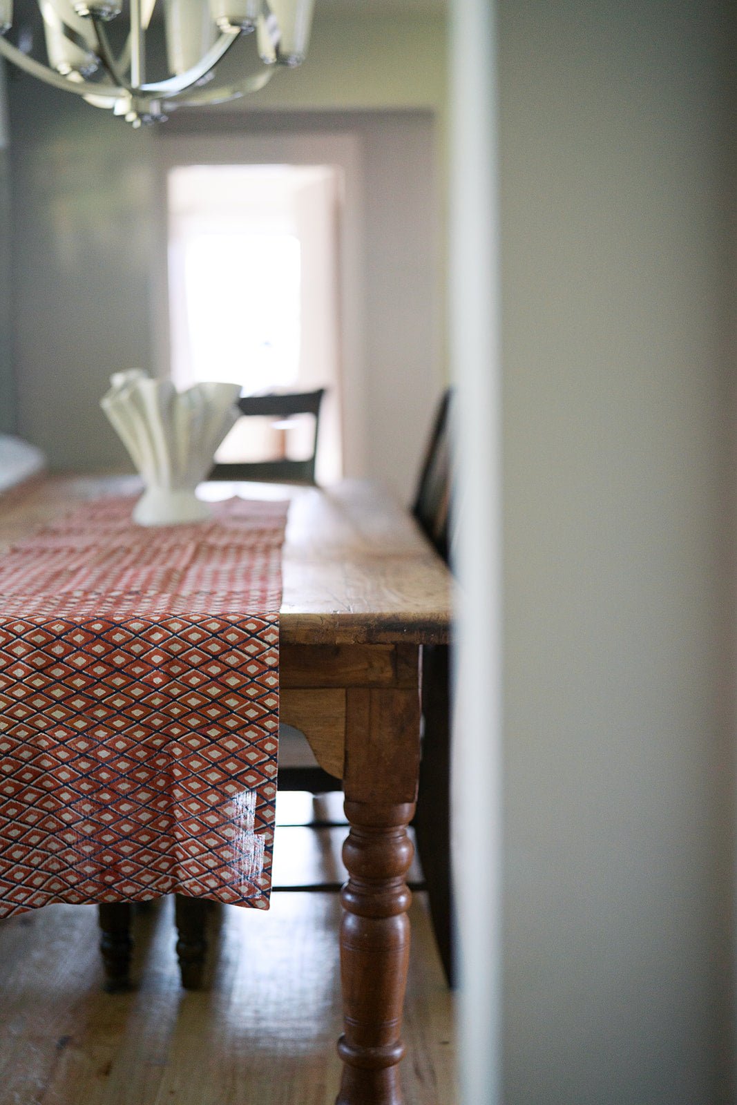 Hand Block Printed Table Runner (Flax Linen) - Ikat, Terracotta