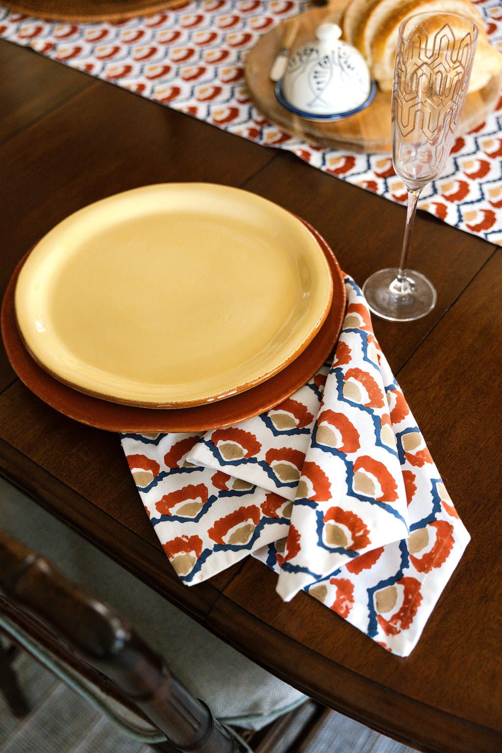 Hand Block Printed Table Runner - Modern Poppy, Terracotta
