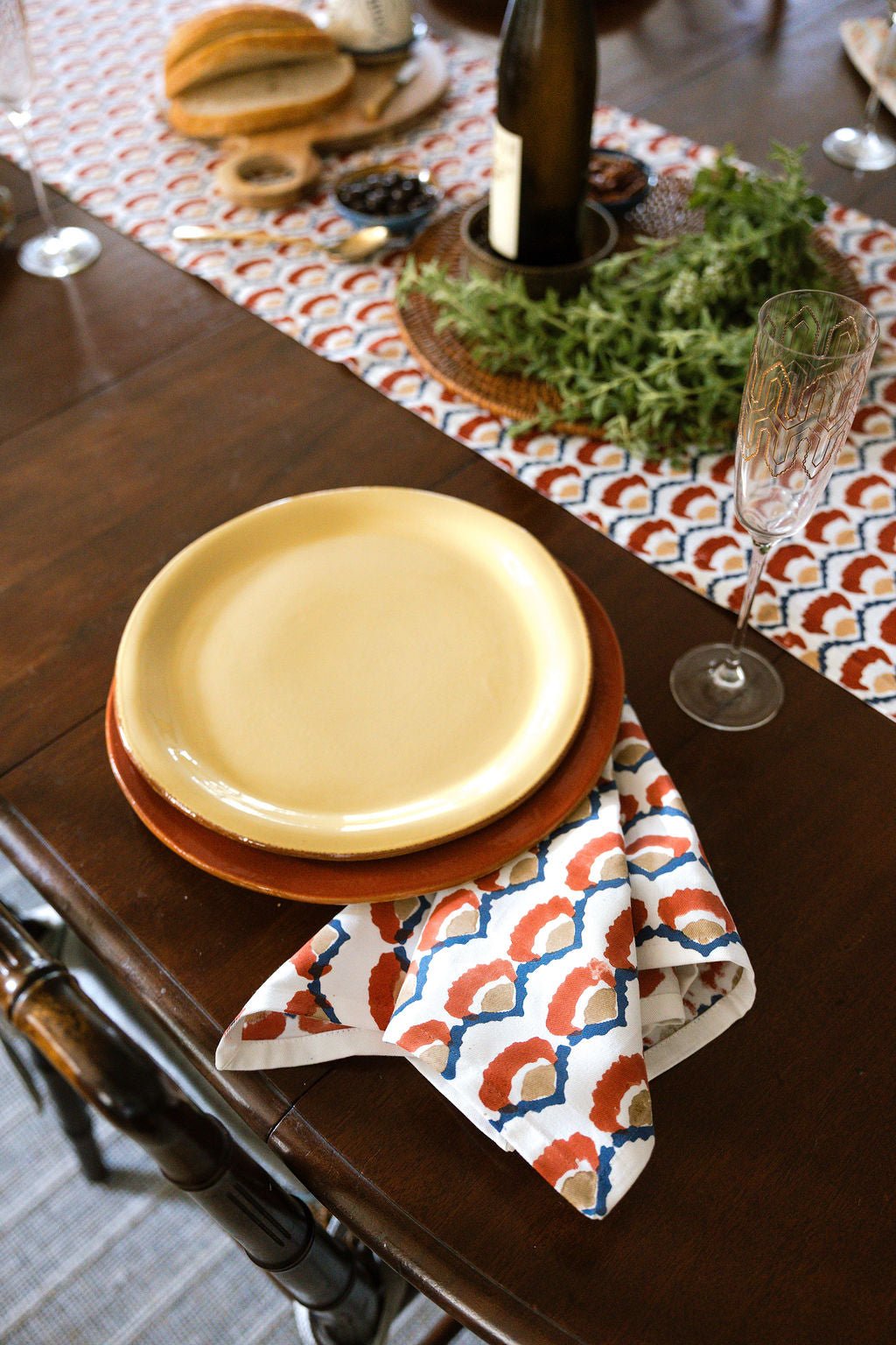 Hand Block Printed Table Runner - Modern Poppy, Terracotta