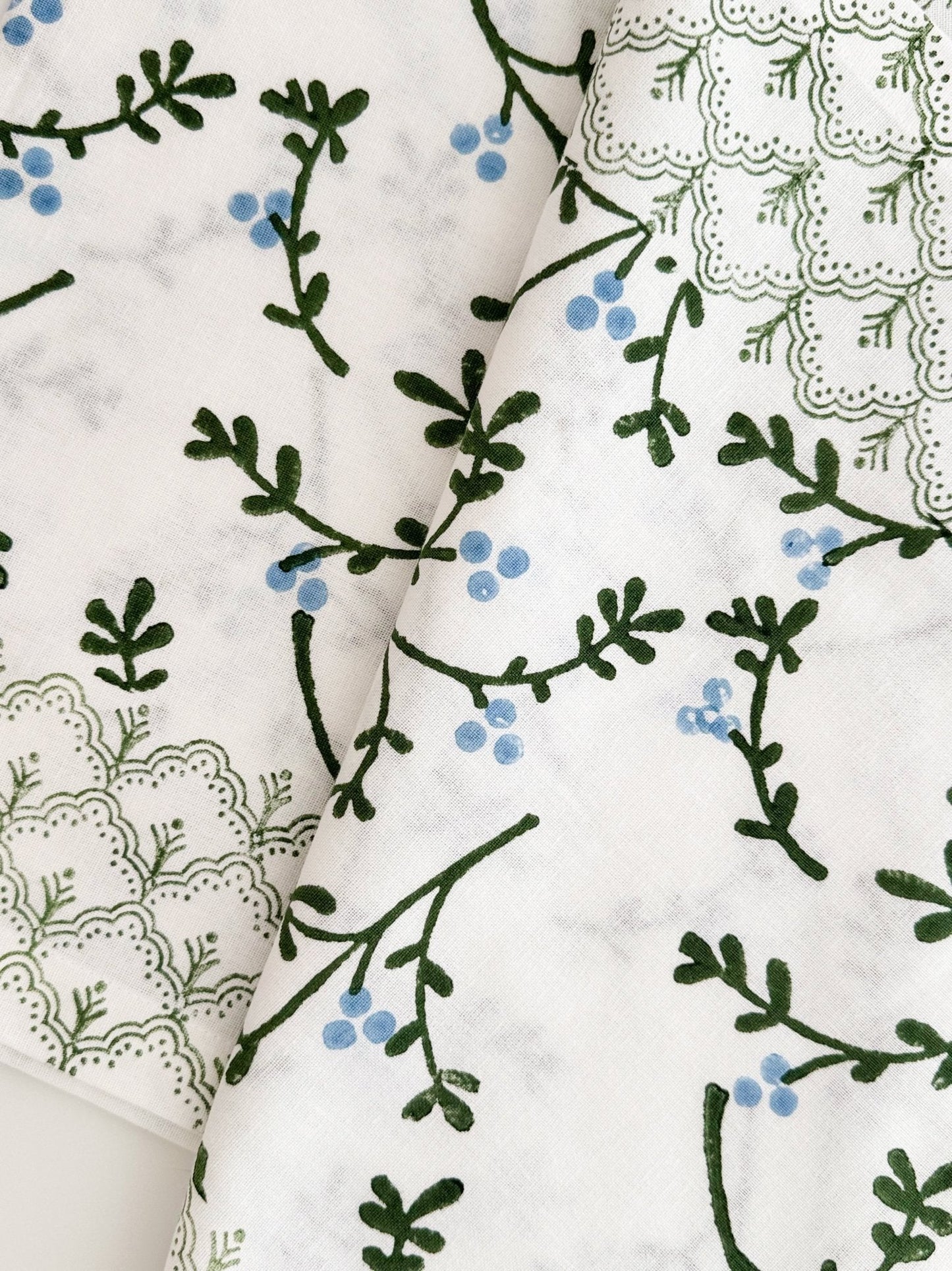 Hand Block Printed Table Runner - Winterberry, Sage & Uniform Blue