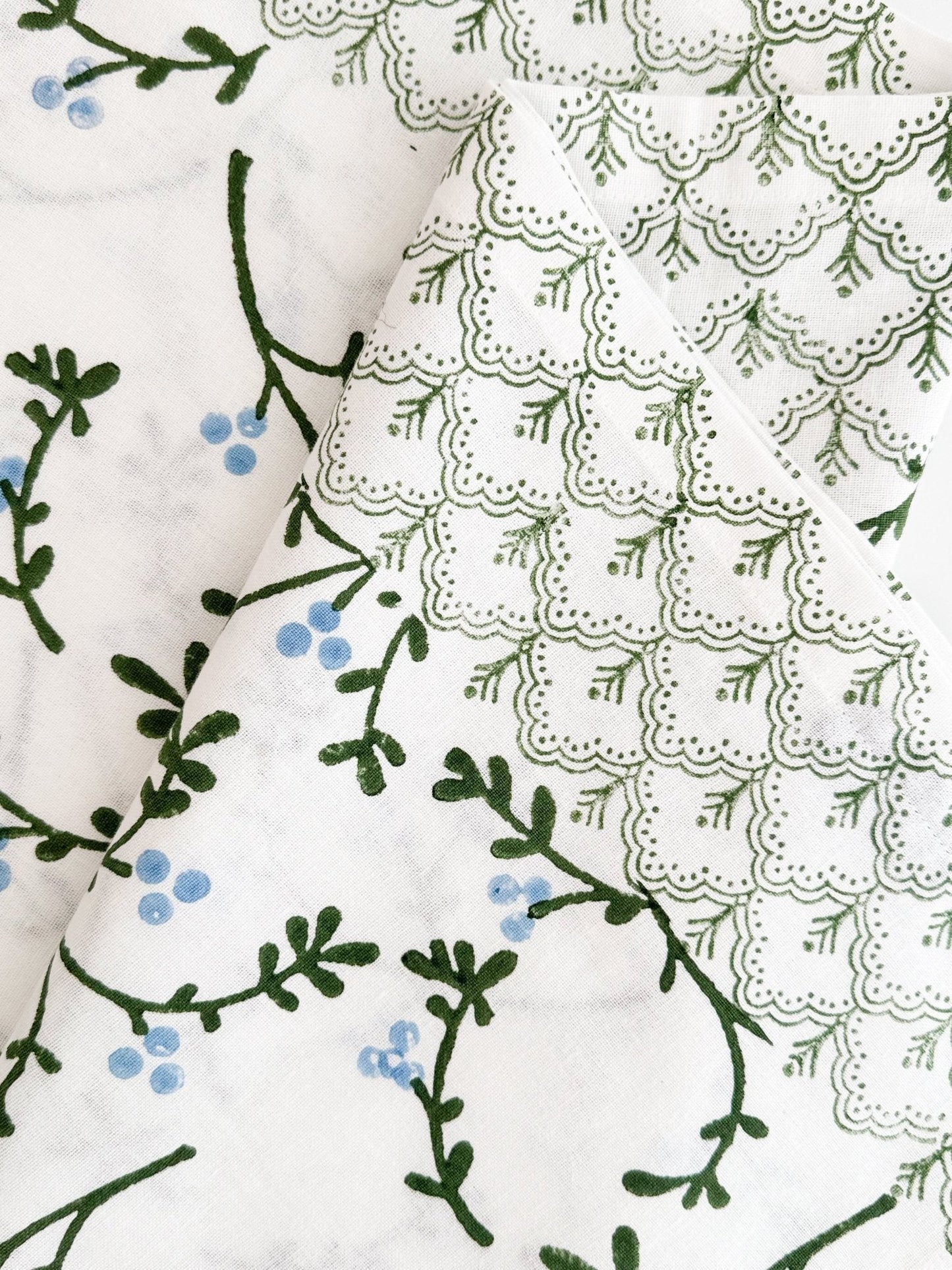 Hand Block Printed Table Runner - Winterberry, Sage & Uniform Blue