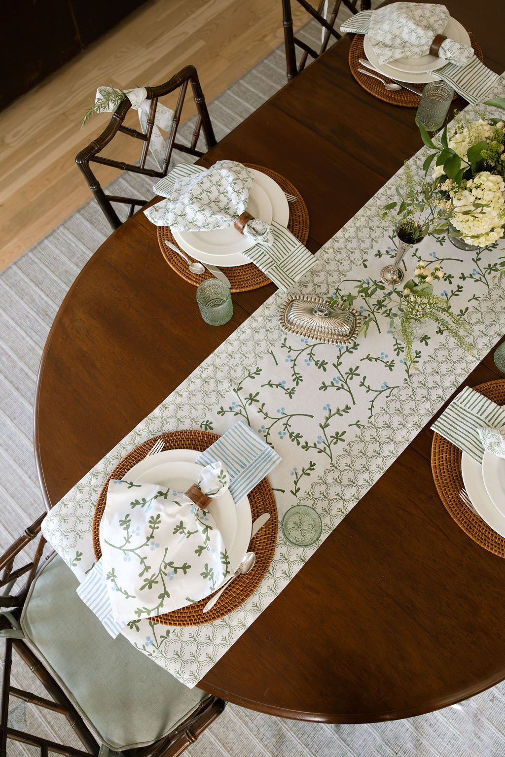 Hand Block Printed Table Runner - Winterberry, Sage & Uniform Blue