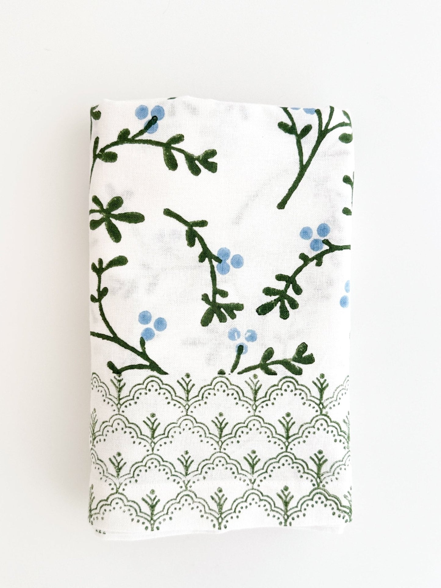 Hand Block Printed Table Runner - Winterberry, Sage & Uniform Blue