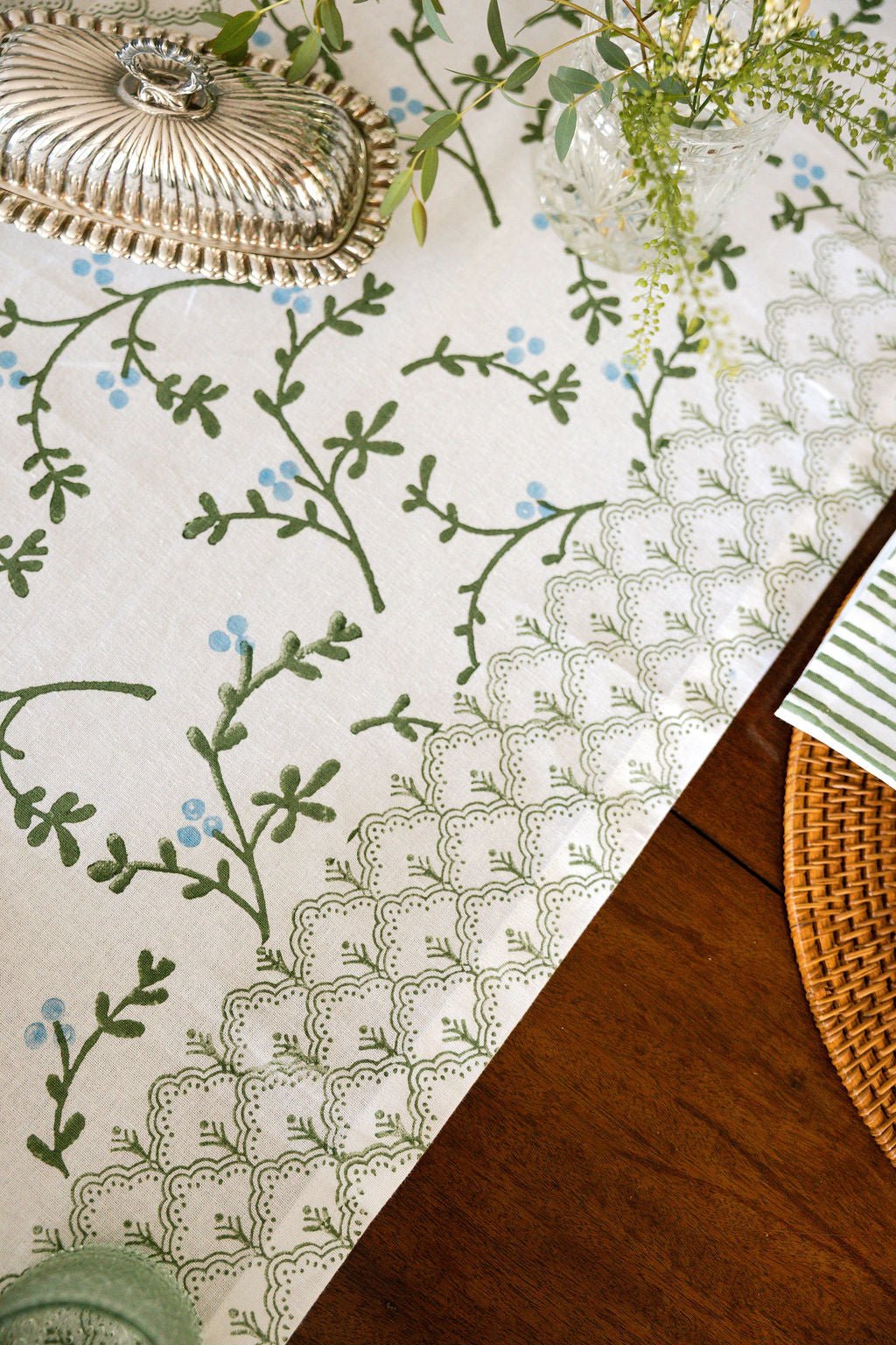 Hand Block Printed Table Runner - Winterberry, Sage & Uniform Blue