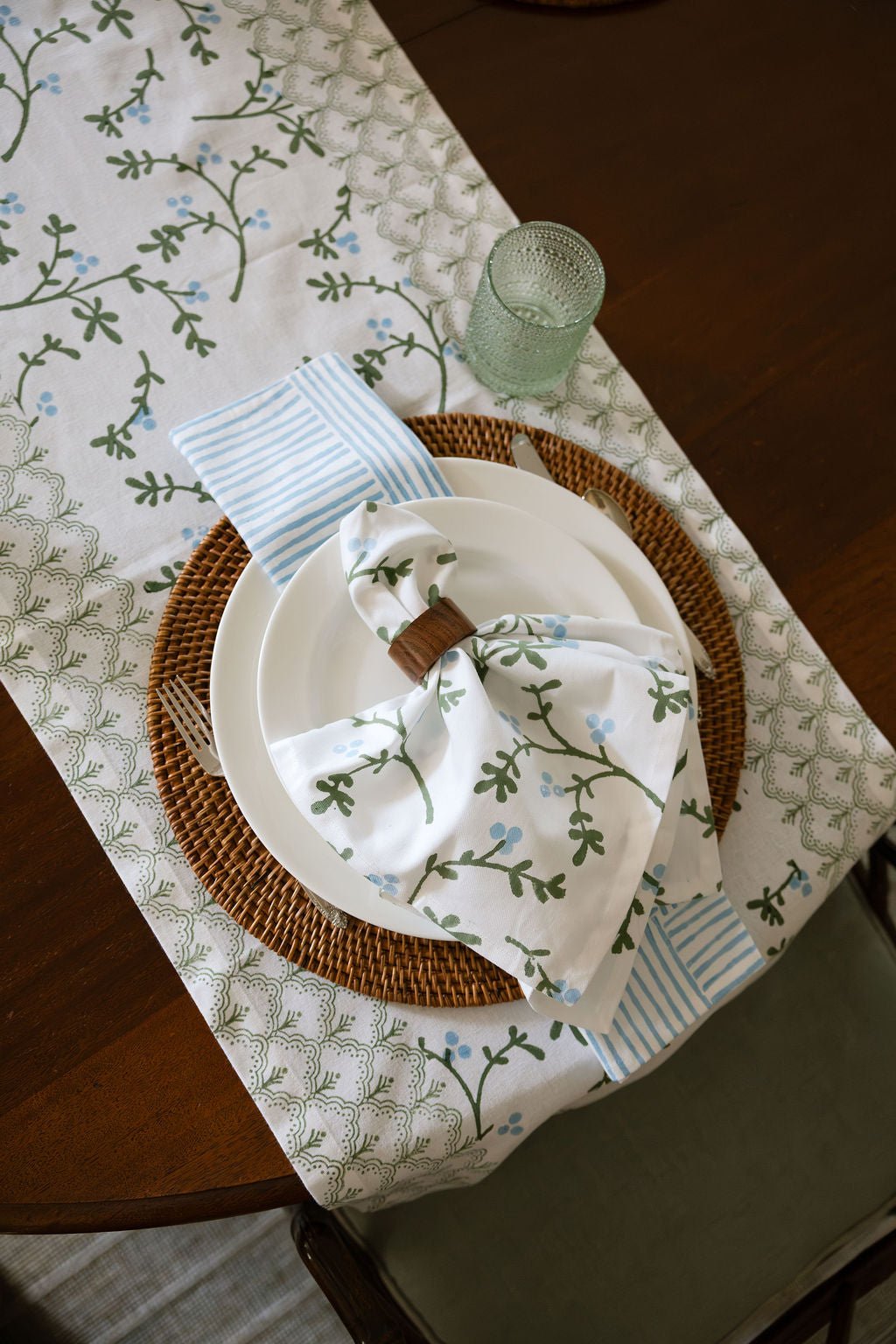 Hand Block Printed Table Runner - Winterberry, Sage & Uniform Blue
