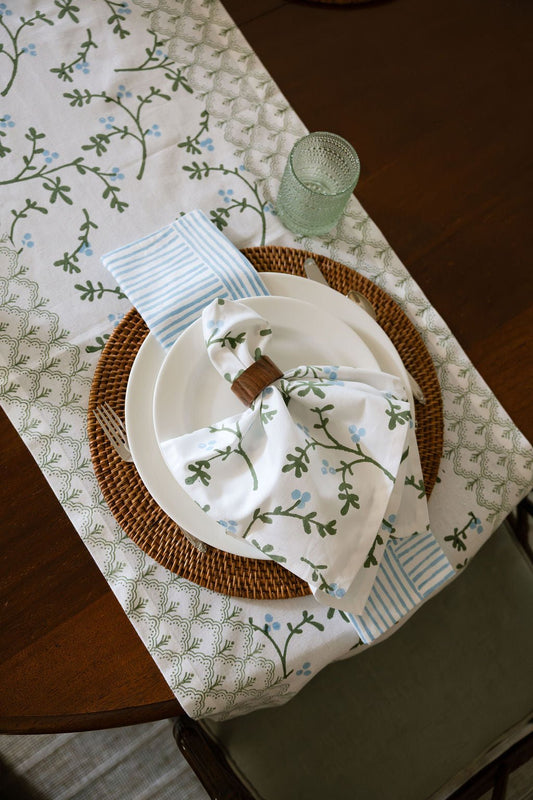 Hand Block Printed Table Runner - Winterberry, Sage & Uniform Blue