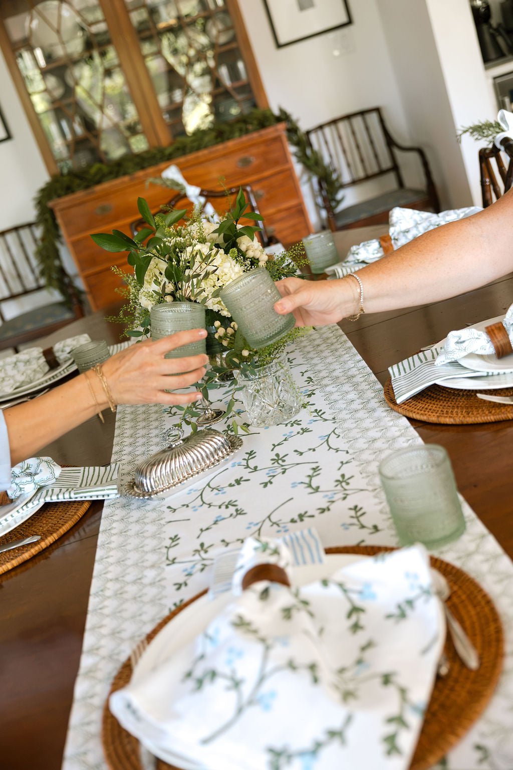 Hand Block Printed Table Runner - Winterberry, Sage & Uniform Blue