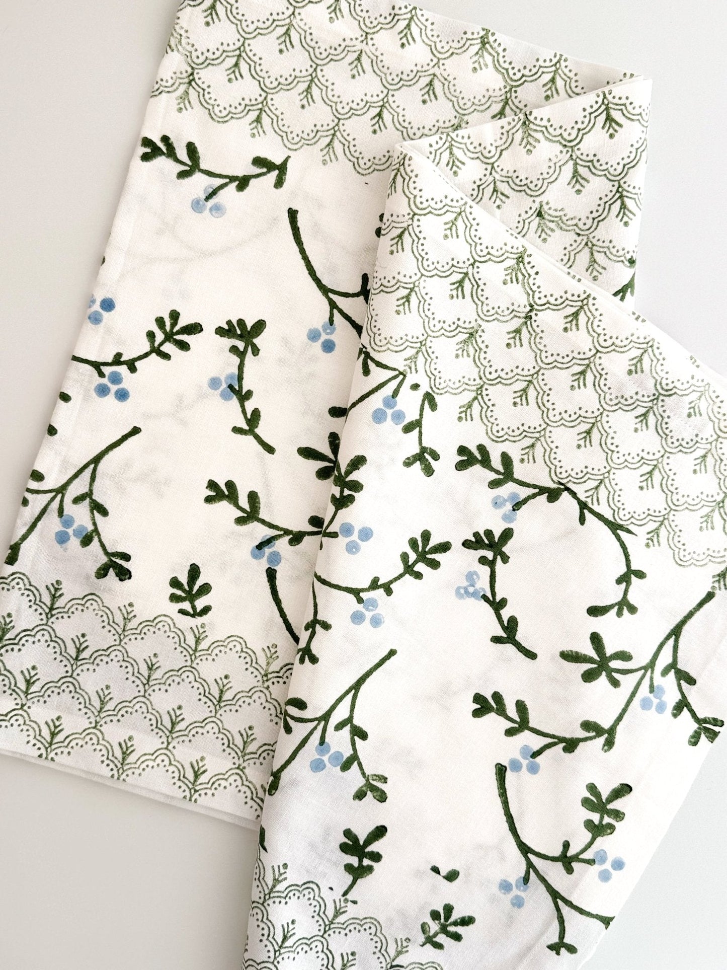 Hand Block Printed Table Runner - Winterberry, Sage & Uniform Blue