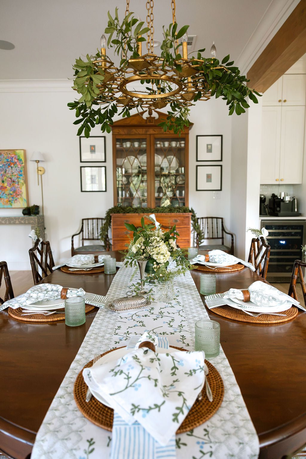 Hand Block Printed Table Runner - Winterberry, Sage & Uniform Blue