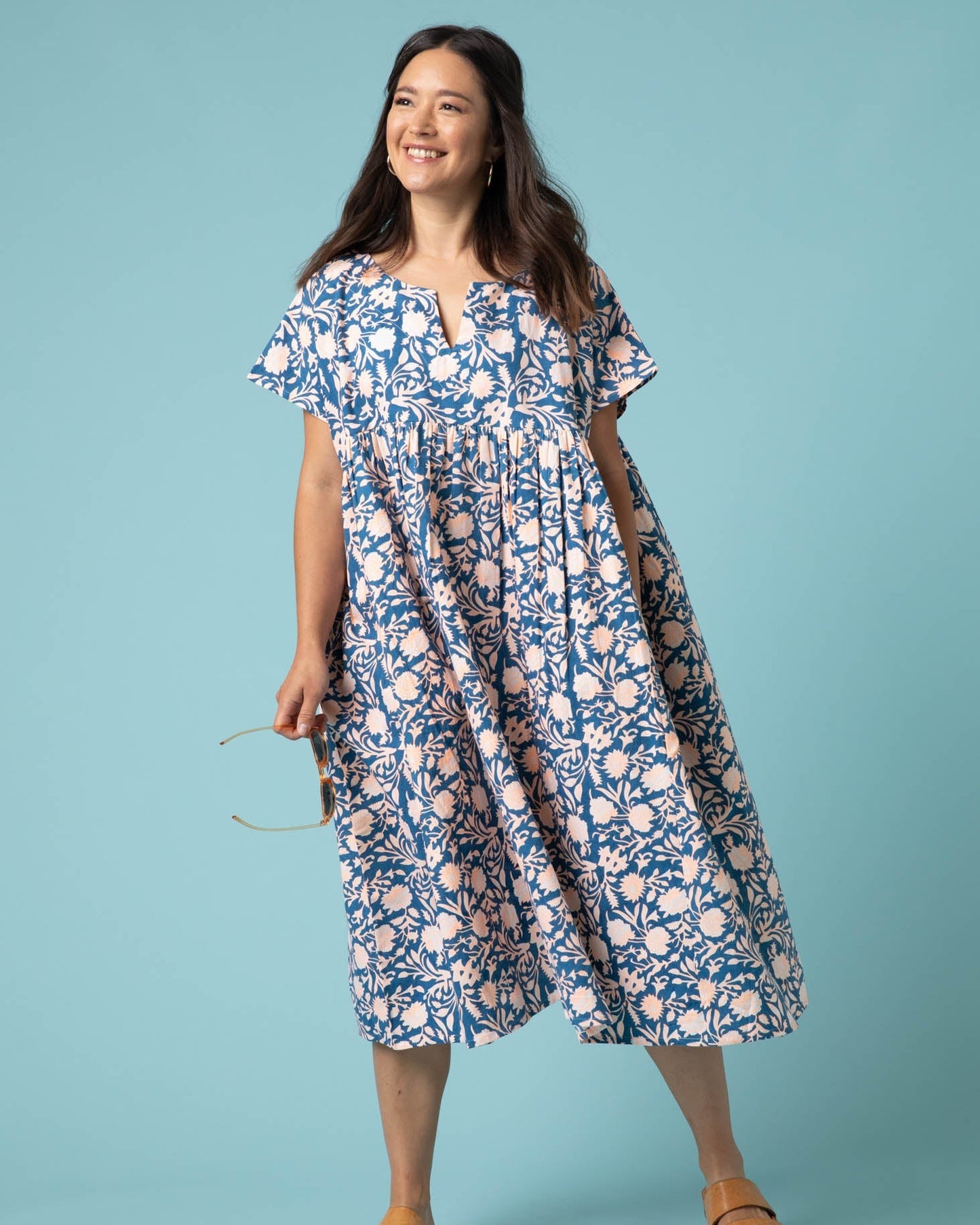 Meadow Dress - Floral Escape in True Navy & Neon Peach