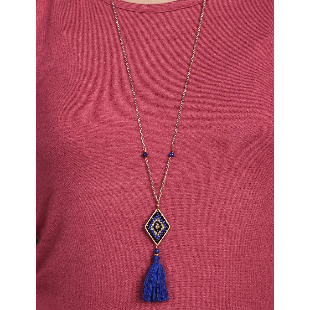 Hmong Blue Diamond Tassel Long Necklace - Thailand