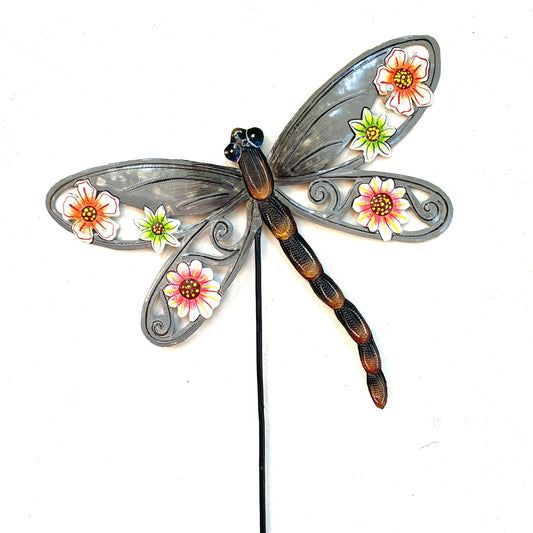 Silver Floral Dragonfly Garden Stake