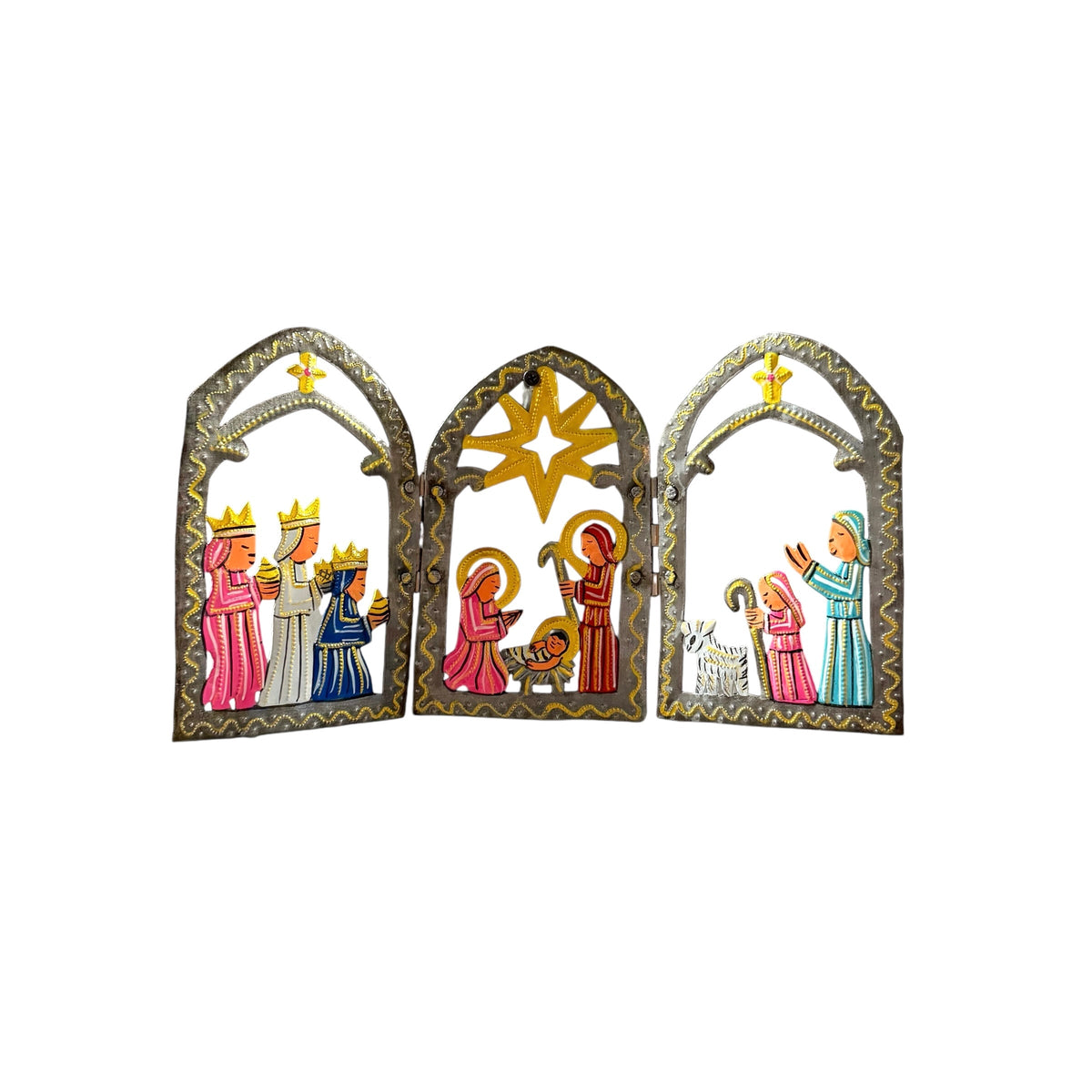 Jean Marie Painted Trifold Gothic Nativity | Haitian Steel Drum Art | 15" x 7.75"