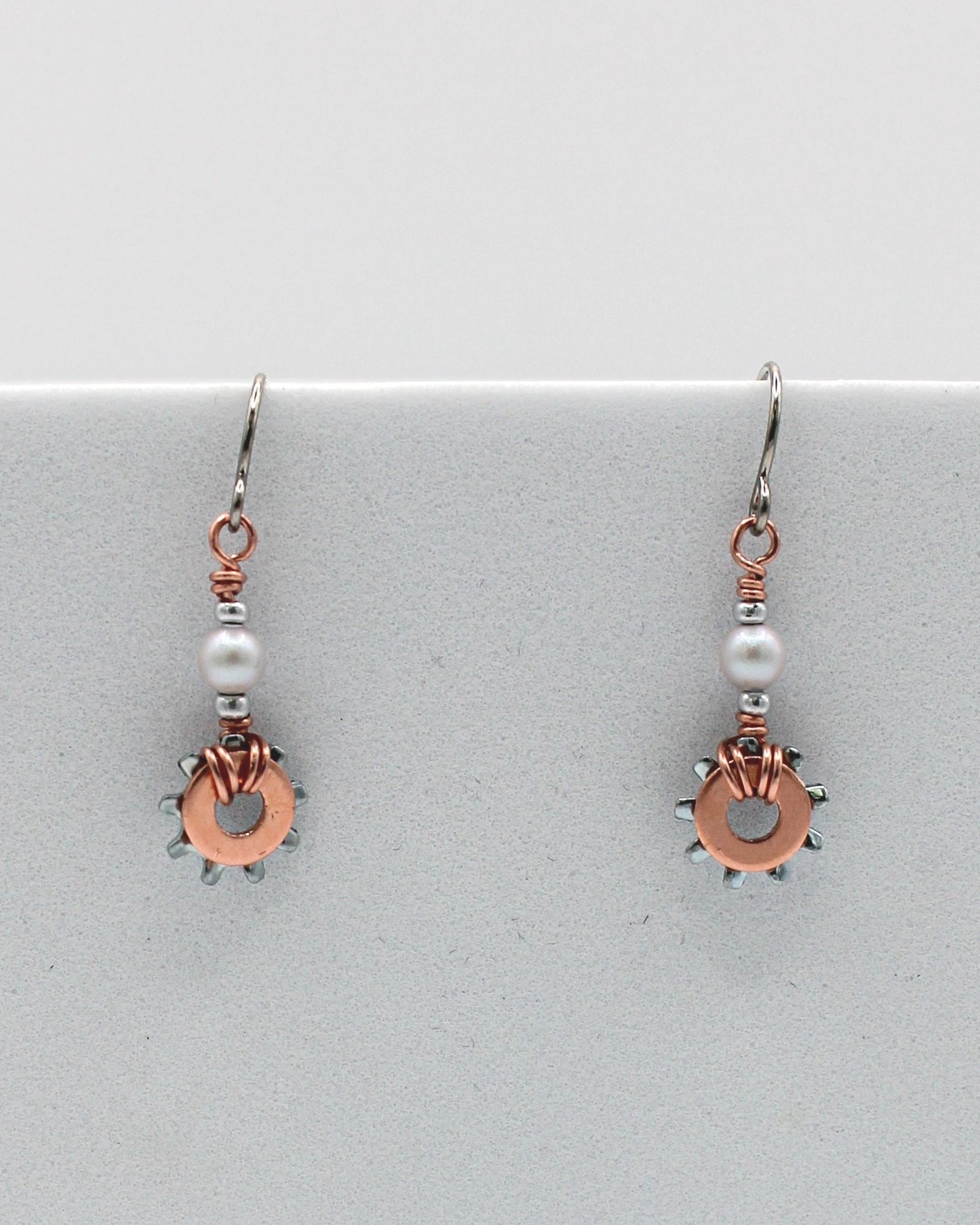 Shine Earrings | Repurposed Copper & Steel Auto Parts | Crystal Pearls | Stainless Steel Ear Wire