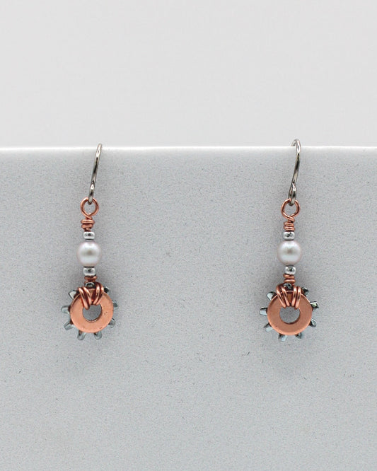 Shine Earrings | Repurposed Copper & Steel Auto Parts | Crystal Pearls | Stainless Steel Ear Wire