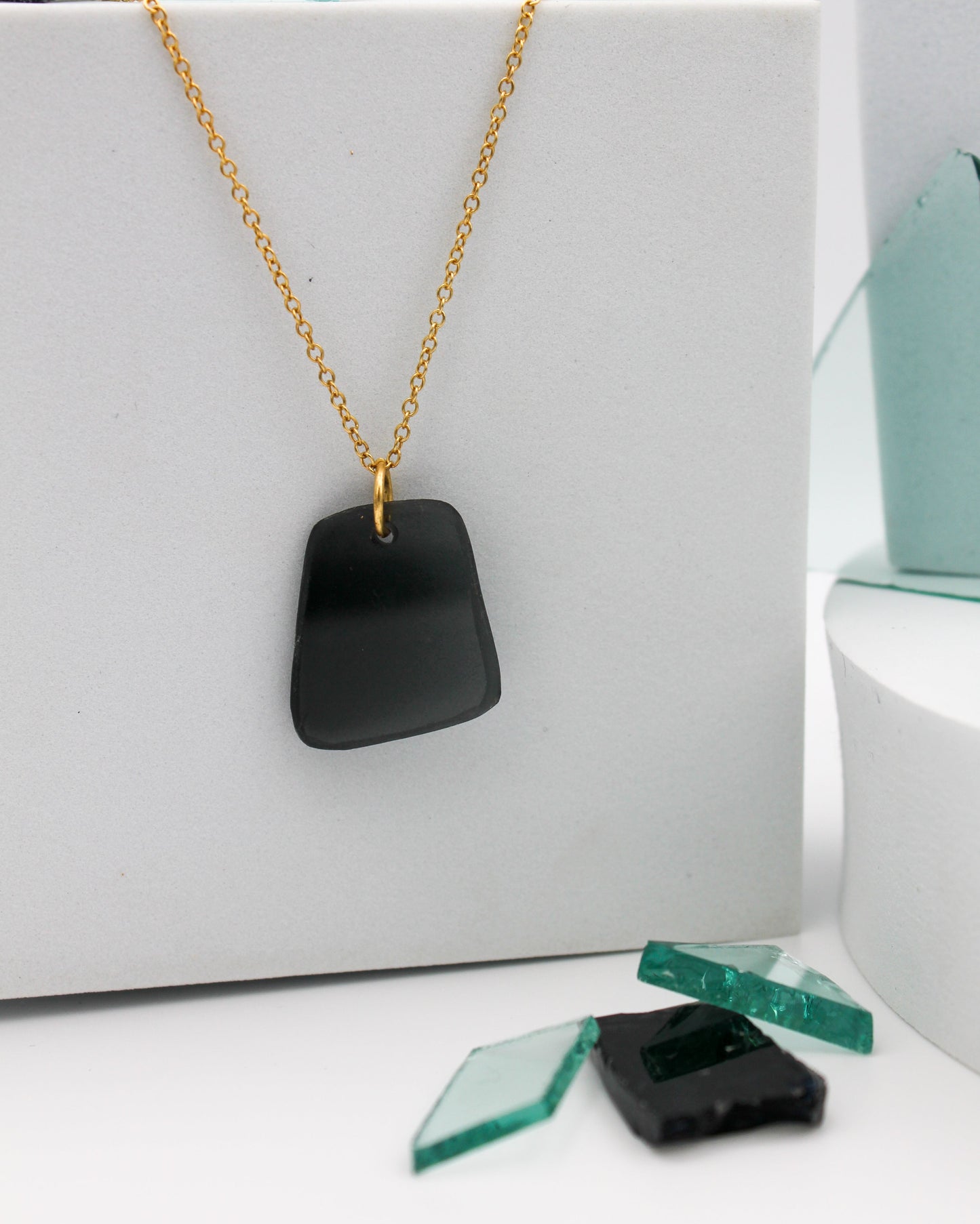 Visions Black Glass Necklace | Repurposed Automotive Windshield Glass | Adjustable Gold Plated Chain