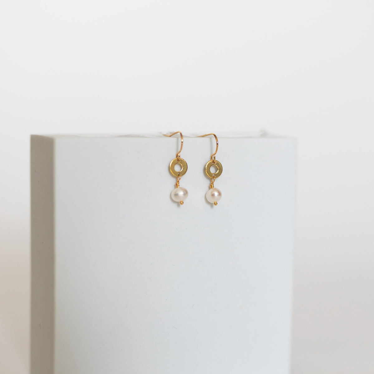 Promise Drop Earrings | Freshwater Pearl & Repurposed Brass Auto Parts | Gold Plated Ear Wire