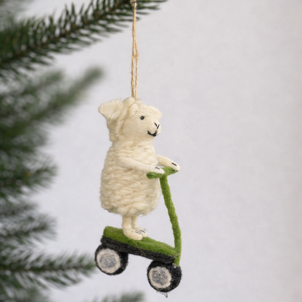 Felt Sheep Ornament on Scooter