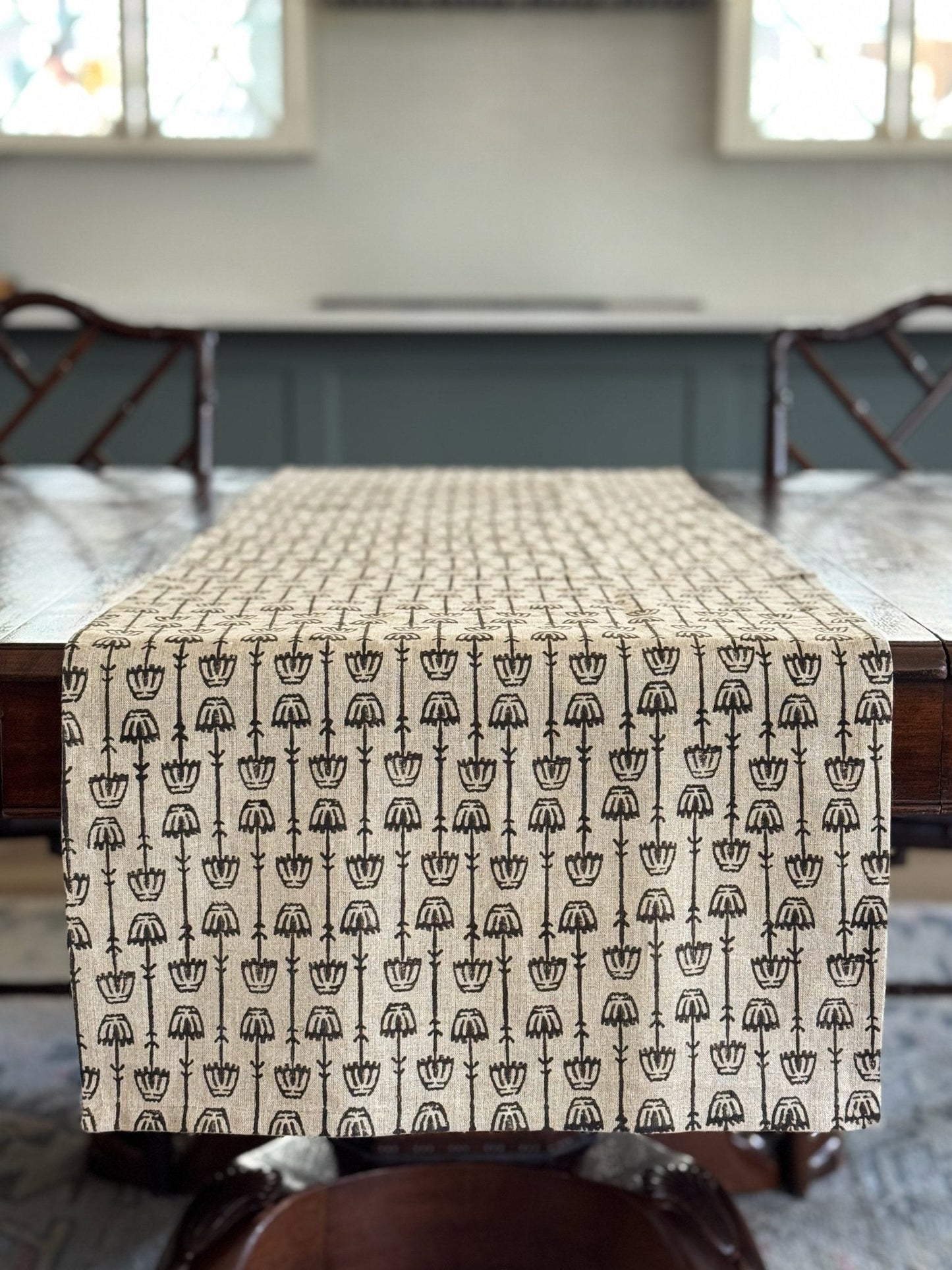 Hand Block Printed Table Runner (Flax Linen) - Mosaic Flower, Black