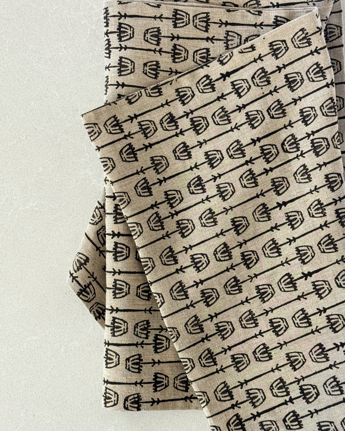 Hand Block Printed Table Runner (Flax Linen) - Mosaic Flower, Black
