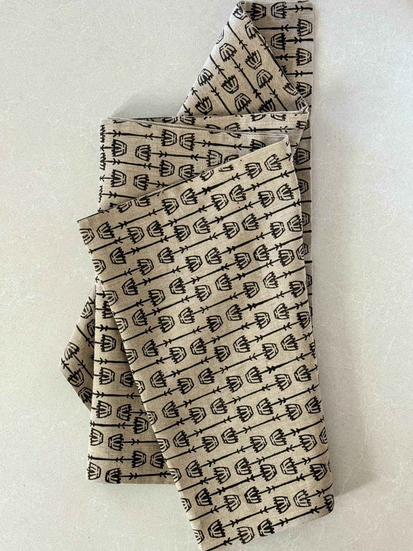Hand Block Printed Table Runner (Flax Linen) - Mosaic Flower, Black