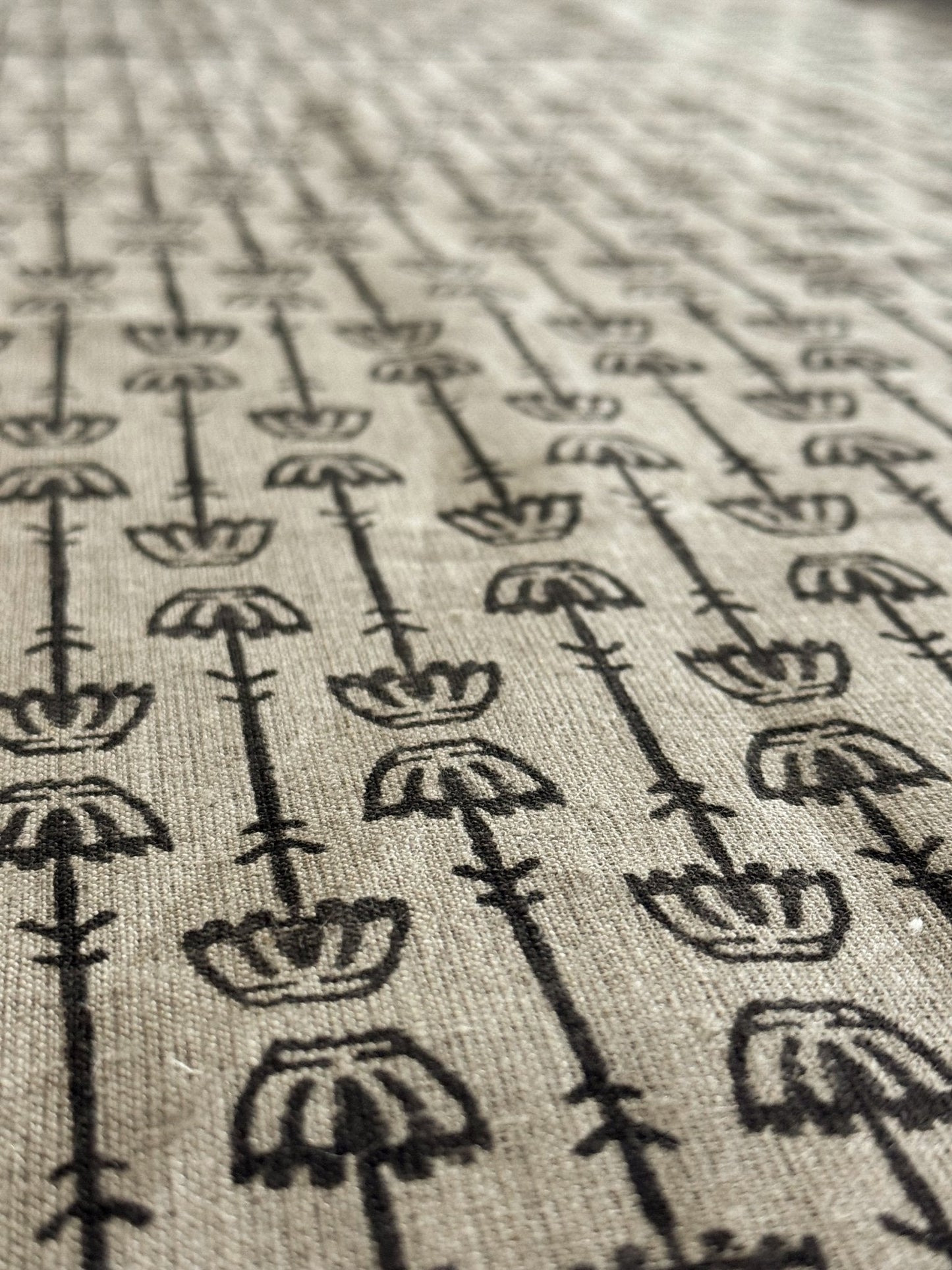 Hand Block Printed Table Runner (Flax Linen) - Mosaic Flower, Black