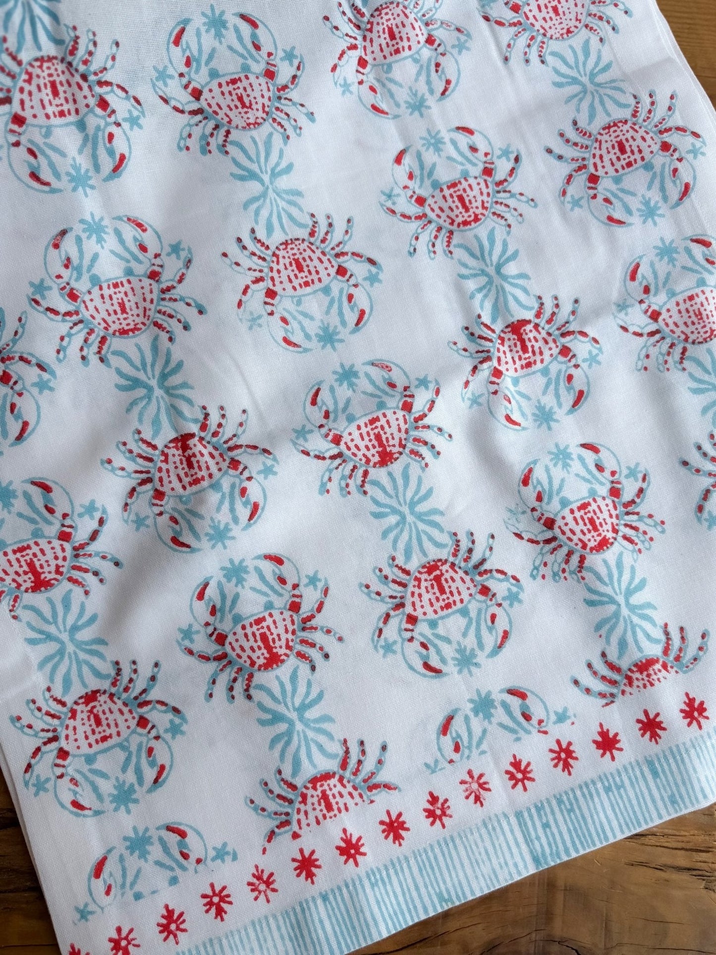 Hand Block Printed Table Runner - King Crab - Saltwater & Poppy