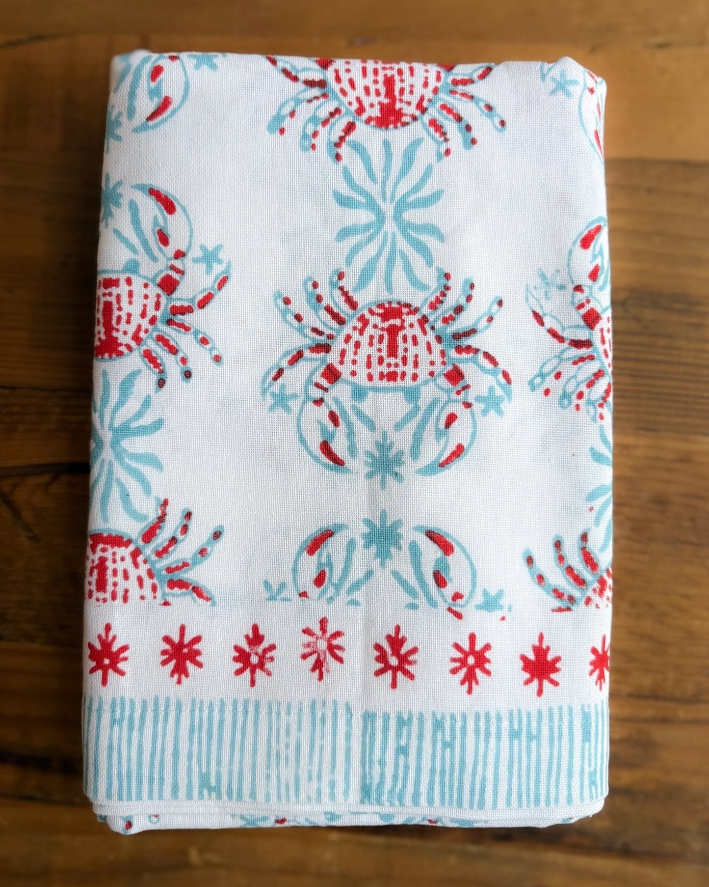 Hand Block Printed Table Runner - King Crab - Saltwater & Poppy