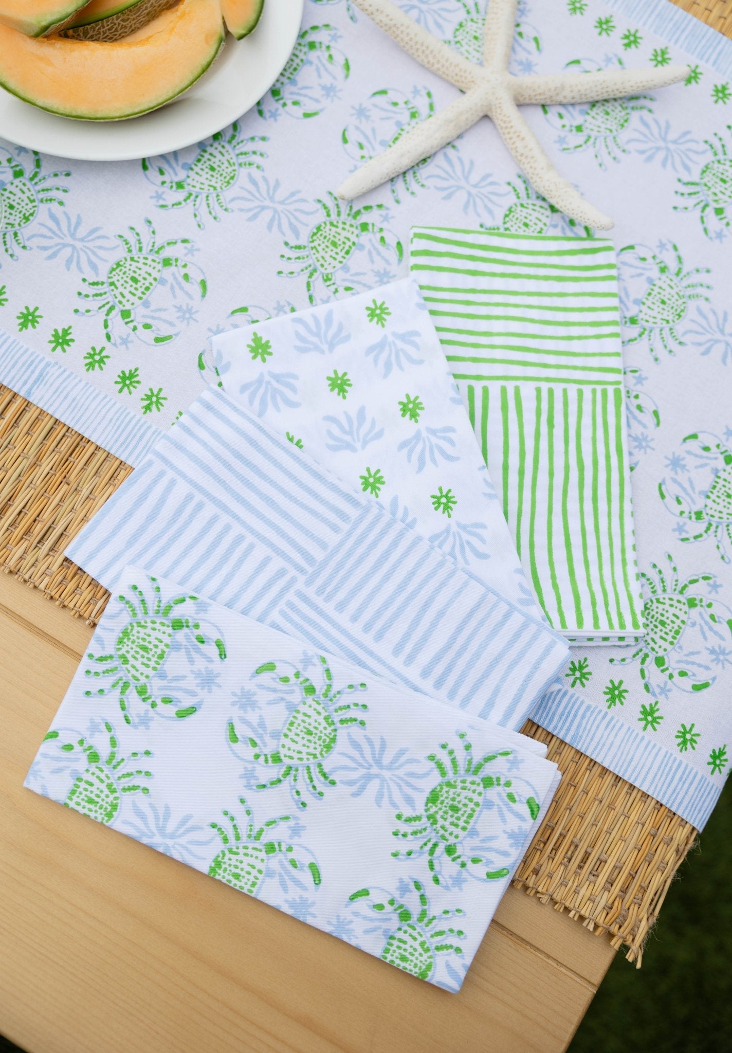 Hand Block Printed Table Runner - King Crab - Uniform Blue & Vine