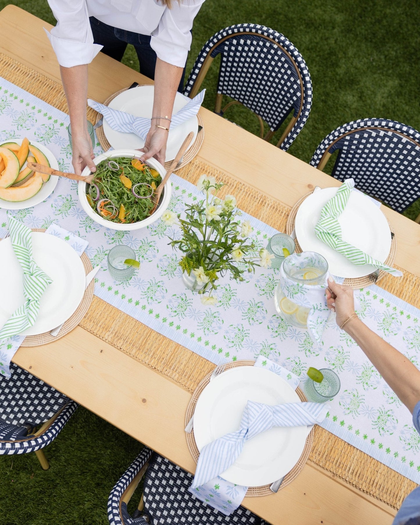 Hand Block Printed Table Runner - King Crab - Uniform Blue & Vine