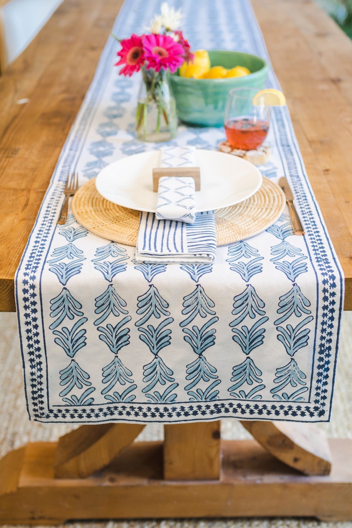Hand Block Printed Table Runner - Palmetto, Uniform Blue & Navy