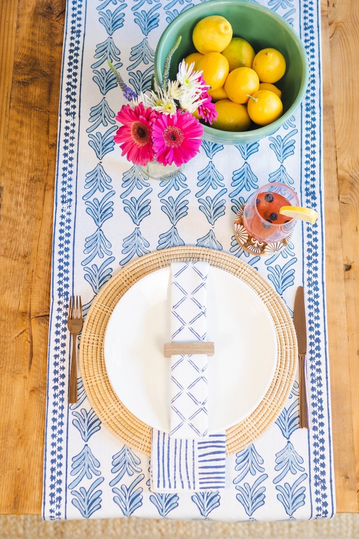 Hand Block Printed Table Runner - Palmetto, Uniform Blue & Navy