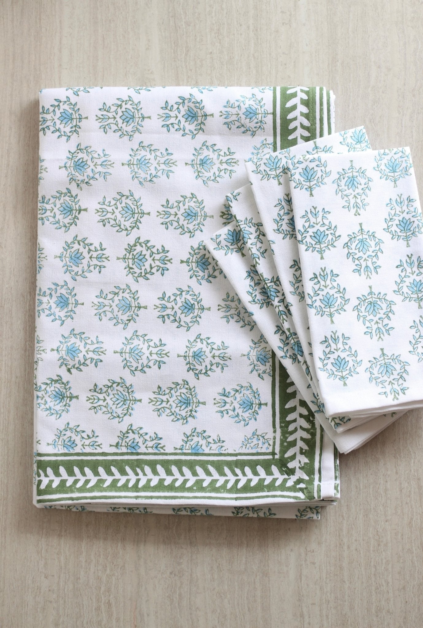 Table Throw - Lotus, Sage & Uniform Blue with Sage Vine Border