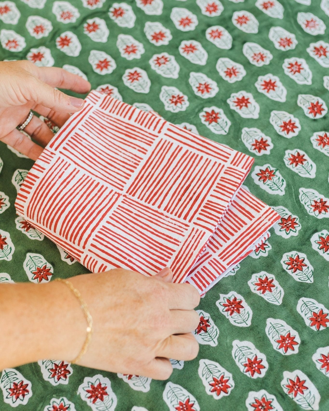 Table Throw - Poinsettia, Sage & Red