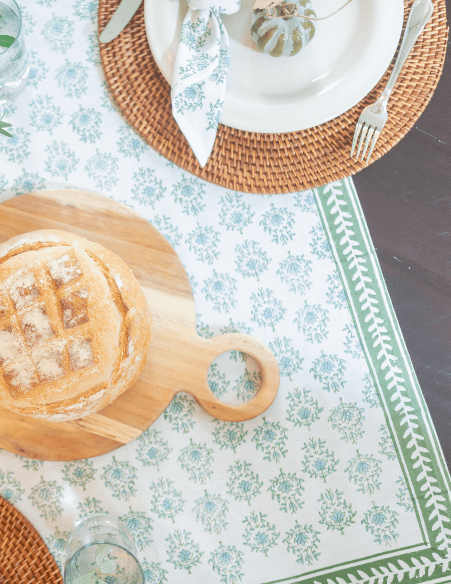Tablecloth - Lotus, Sage & Uniform Blue