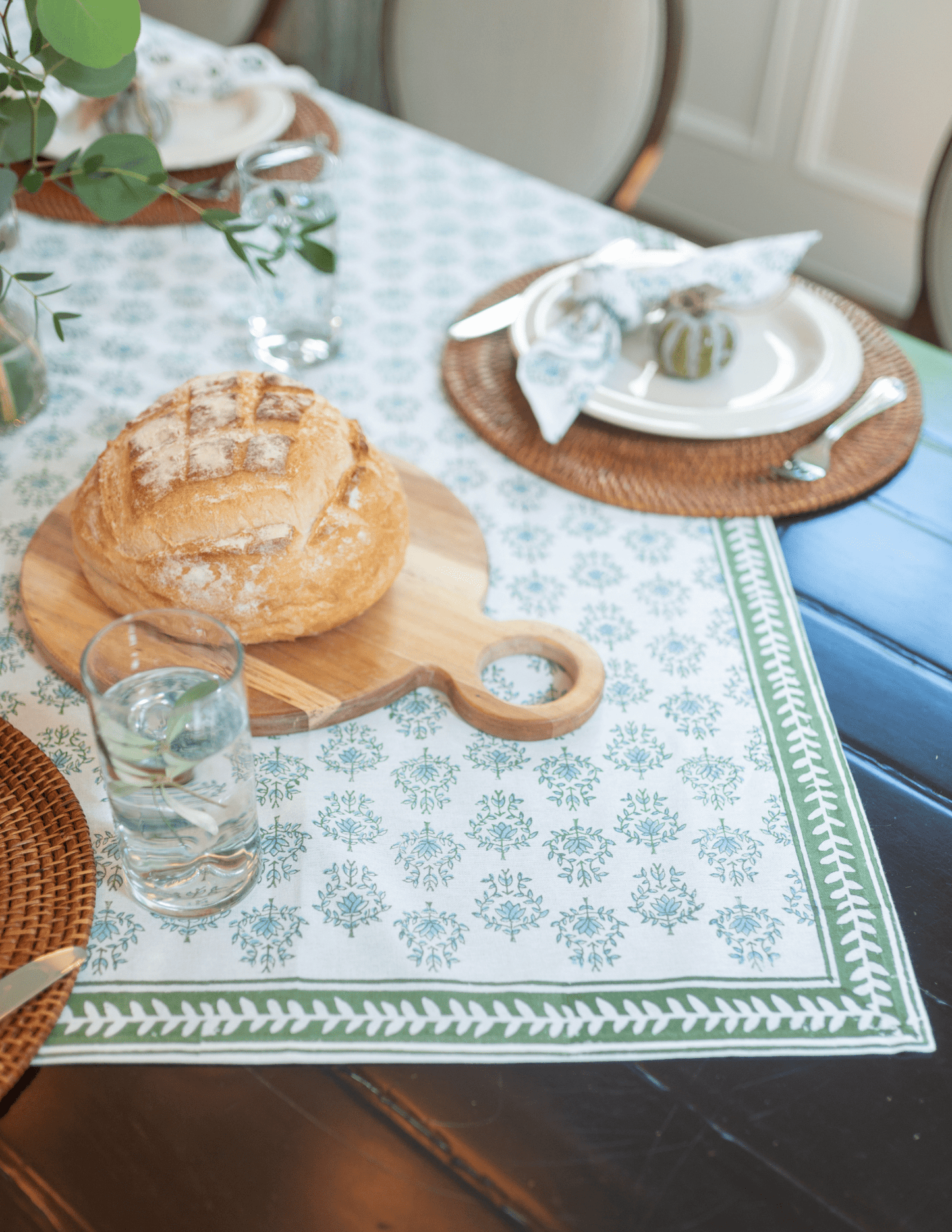 Tablecloth - Lotus, Sage & Uniform Blue