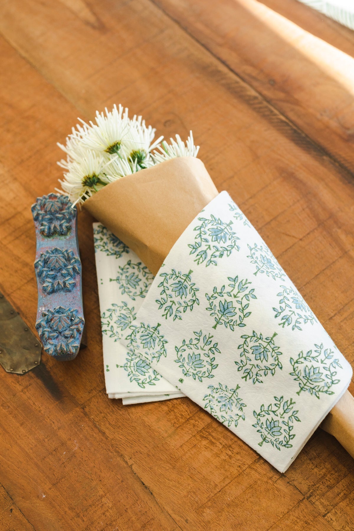Tea Towel - Lotus, Sage & Uniform Blue