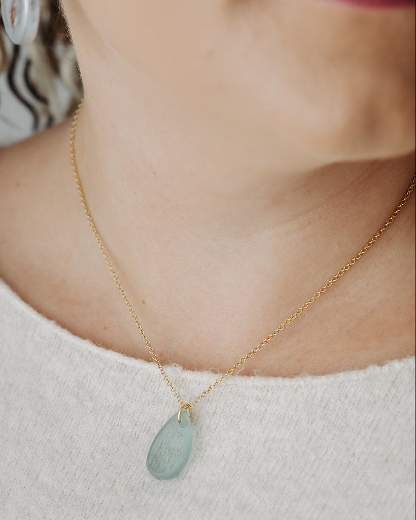Visions Aqua Glass Necklace | Repurposed Automotive Windshield Glass | Adjustable Gold Plated Chain