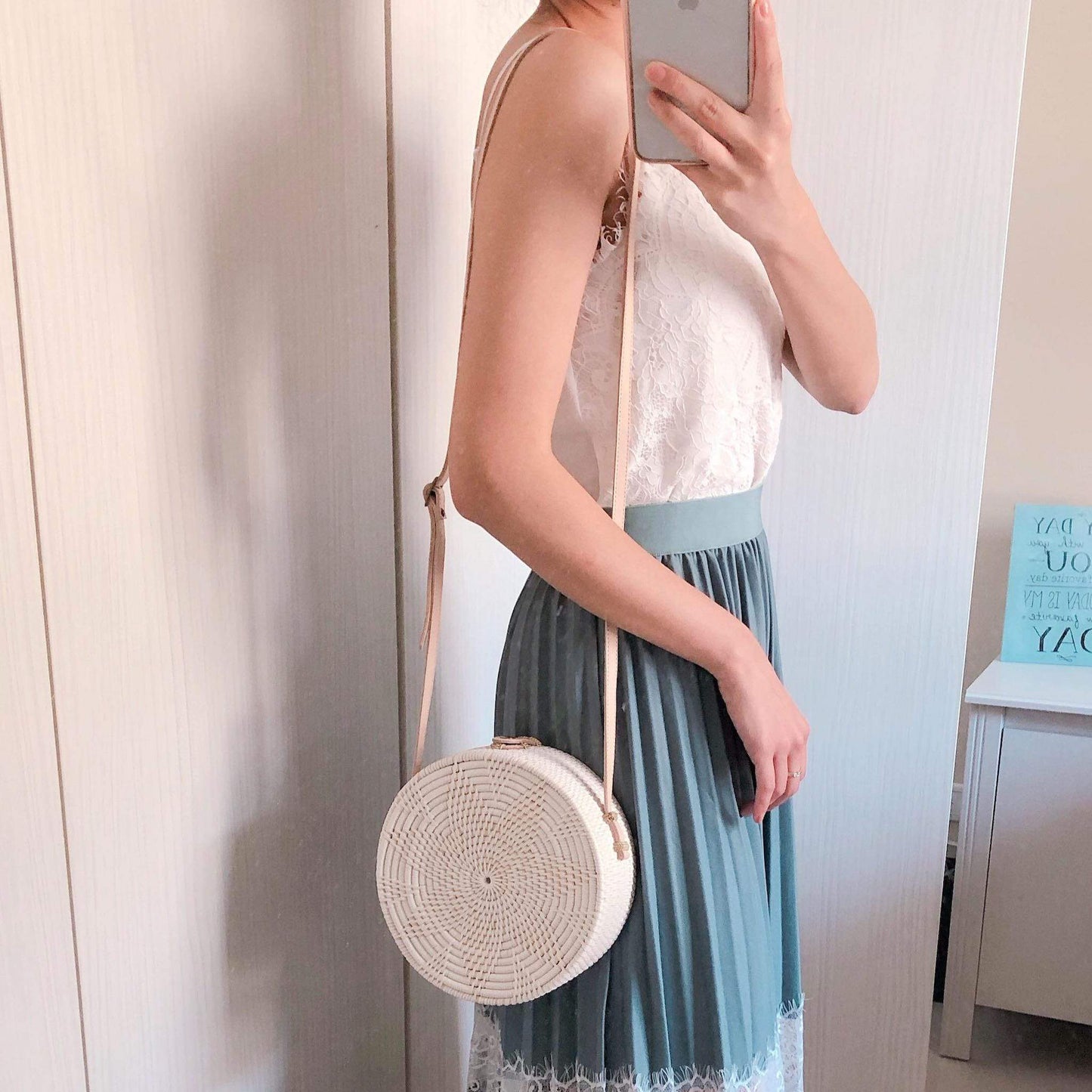 White Bali Rattan Crossbody Bag - Stella